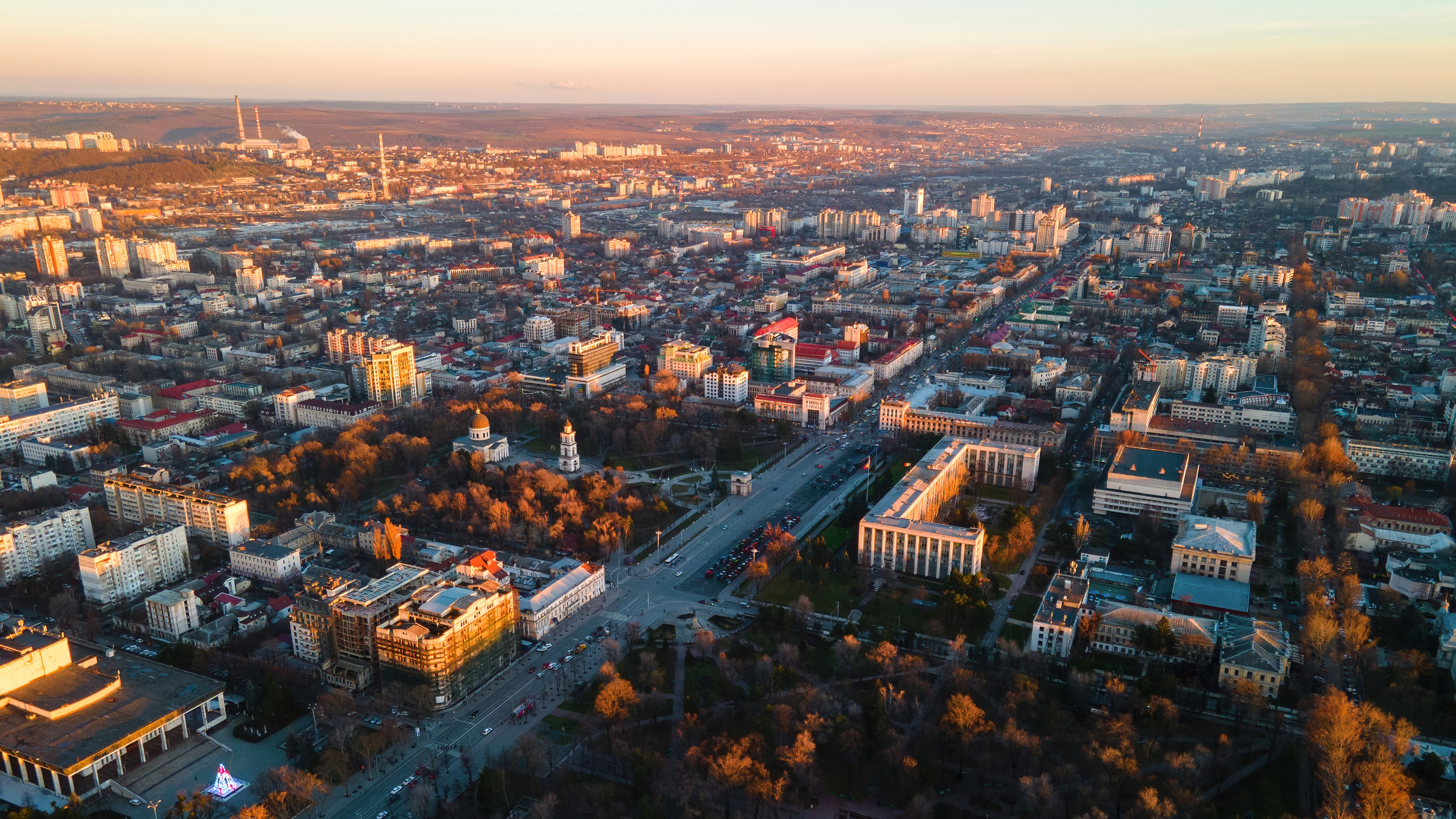 Aerial Drone View of Chisinau at Sunset, Moldova