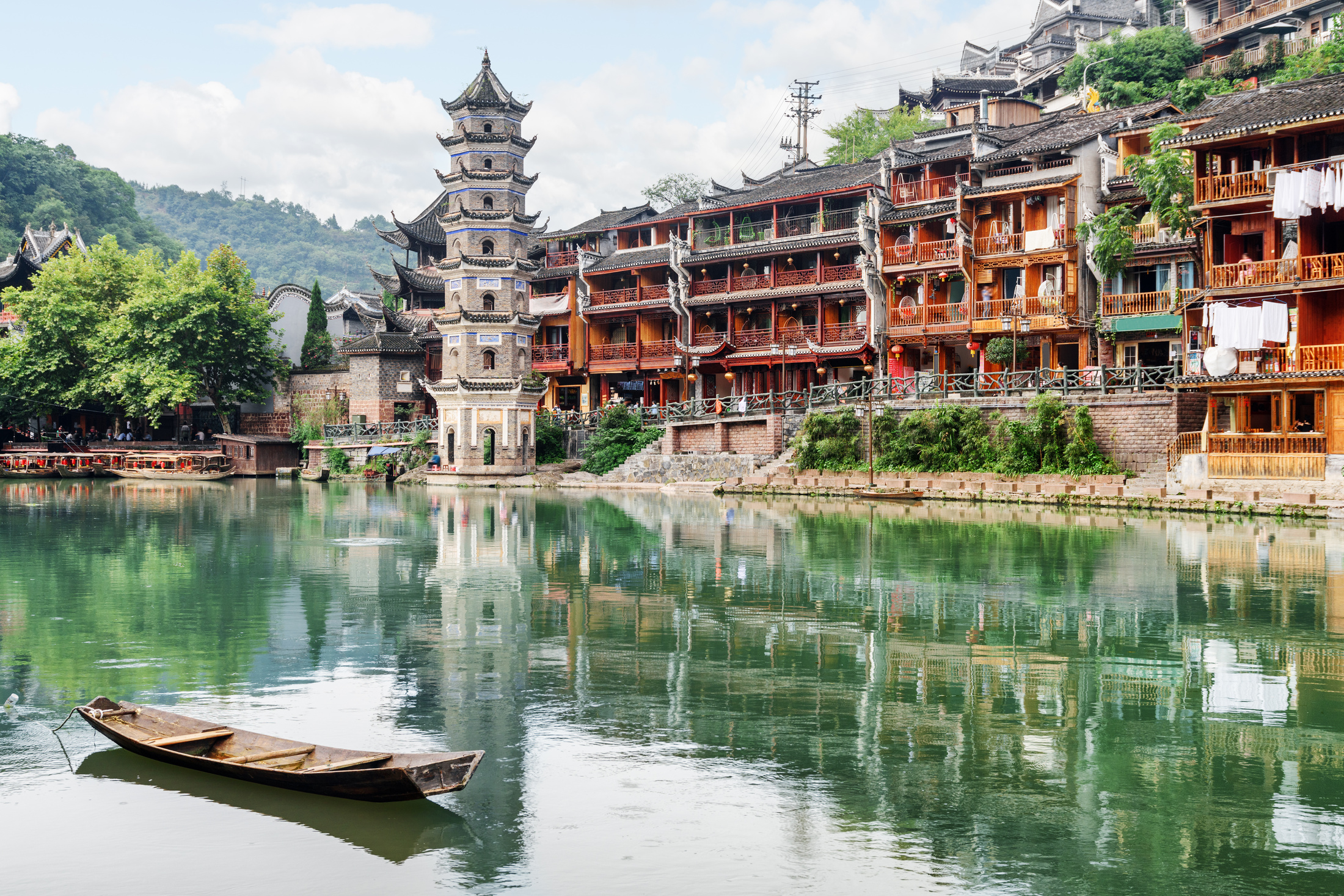 Wanming Pagoda Reflected in Water of the Tuojiang River