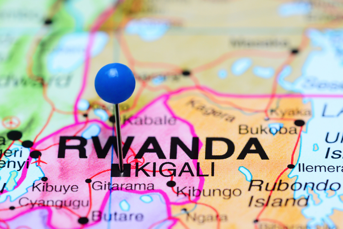 Kigali pinned on a map of Africa